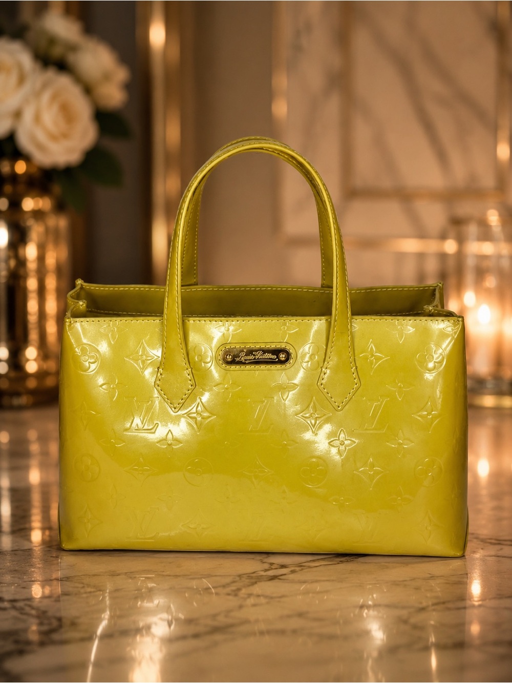 Louis Vuitton Vernis Willshire PM | Lime Yellow Patent Leather Tote | Full Set